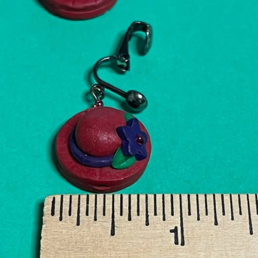 VTG Handcrafted Red Hat Purple Flowers Trim Polymer Clay Clip-on Earrings .75